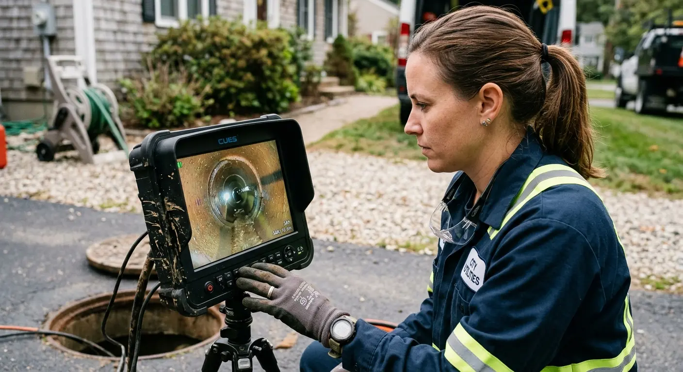 Technician reviewing sewer camera inspection footage in Portage