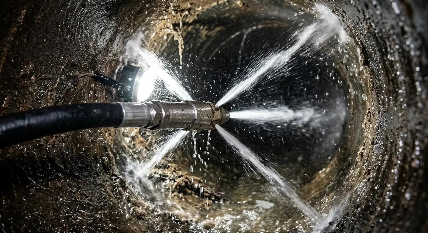 High-pressure hydro jetting nozzle cleaning sewer pipe for Storm Drain Cleaning in Portage