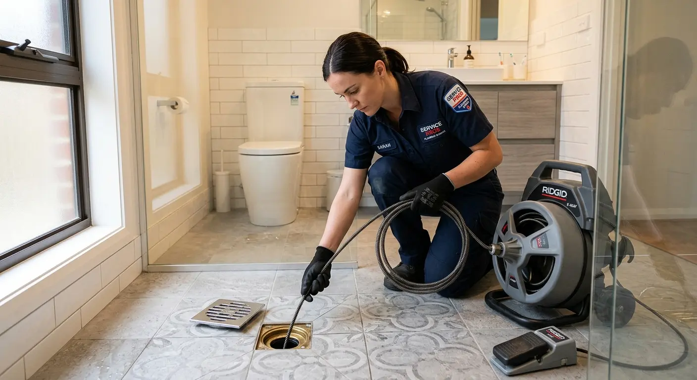 Technician clearing a bathroom floor drain for Drain Repair in Portage